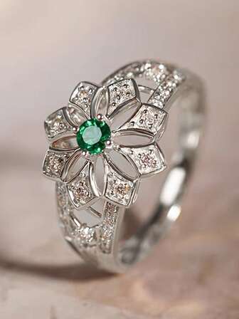 1 pieza Anillo con flor redonda hueca de esmeralda sintética incrustada vintage, apto para uso diario de mujeres, bodas, fiestas, regalos de compromiso y aniversario