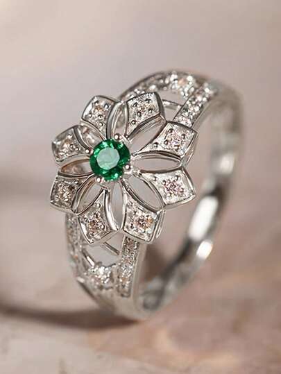 1 pieza Anillo con flor redonda hueca de esmeralda sintética incrustada vintage, apto para uso diario de mujeres, bodas, fiestas, regalos de compromiso y aniversario