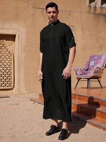 Men's Long Sleeve Draping Robe, Arabic Clothing - Black - View 2