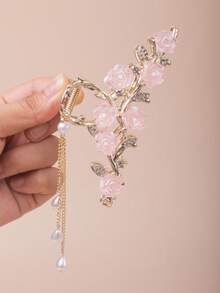 1 件女士时尚甜美玫瑰仿珍珠刘海夹优雅后发装扮发爪发饰发夹发夹发夹发夹发夹发夹，爪夹 - 金色 - 查看 2