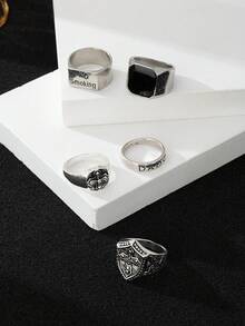 5 件套复古银字母和十字架设计戒指，复古哥特朋克风格，适合送礼、派对、活动和日常佩戴 - 銀色 - 查看 2