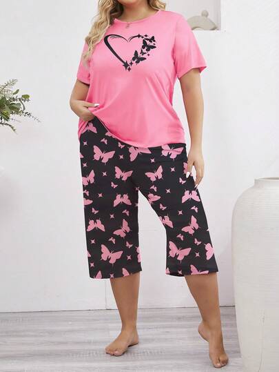 2 件套春夏时尚心形蝴蝶印花圆领短袖 T 恤和 7/8 裤大码女士休闲家居服睡衣套装