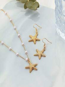 Goldfarbenenes Seestern Halsketten & Ohrringe Set (handgefertigte Kette auf Maß geschnitten, variable Anzahl von Perlen, variable Größe der Strass)