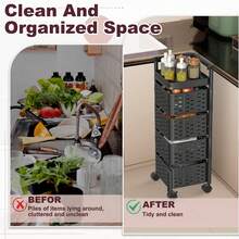 VA-Cerulean Rotating Kitchen Shelf With 4 Tiers, Rolling Cart For Fruits And Vegetables, Multi-Layer Storage Rack With 360° Rotation, With 4 Casters, Space-Saving (Square, Black/White)