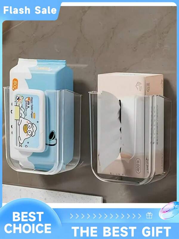 2pcs Kitchen Wipes Storage Box Dispenser,Acrylic Wall-Mounted Tissue Box Holder, Self-Adhesive Wipes Container,Flushable Wipe Container For Bathroom, Kitchen,Bedroom,Toilet,Home