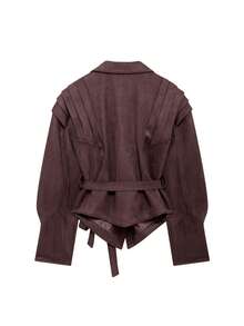 Chaqueta de mujer Seelio nueva para otoño/invierno con cintura ceñida y de ante - Café integral - Ver 2