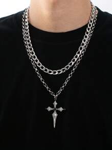 Set de collar de múltiples capas con colgante de cruz, de estilo punk a la moda para hombres, adecuado para vacaciones/viajes