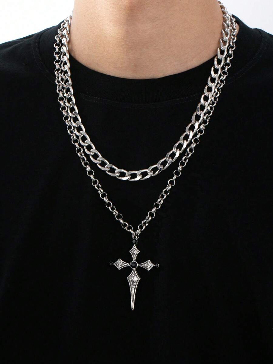 Set de collar de múltiples capas con colgante de cruz, de estilo punk a la moda para hombres, adecuado para vacaciones/viajes