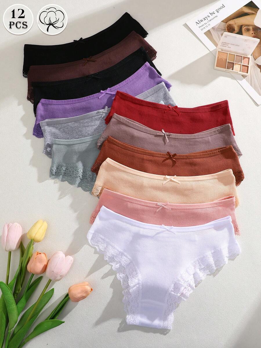 12 PCS Cotton Design Fashionable Lace Edge Women's Sexy Underwear, Comfortable Women's Briefs - Nhiều màu - Xem 1