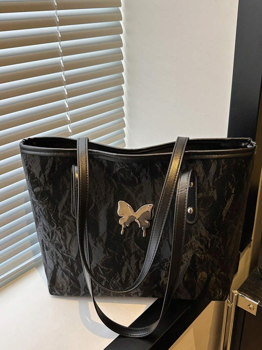 大容量欧美跨境字母蝴蝶结图案托特包女格纹休闲单肩包适合大学生返校 - 黑色 - 查看 1