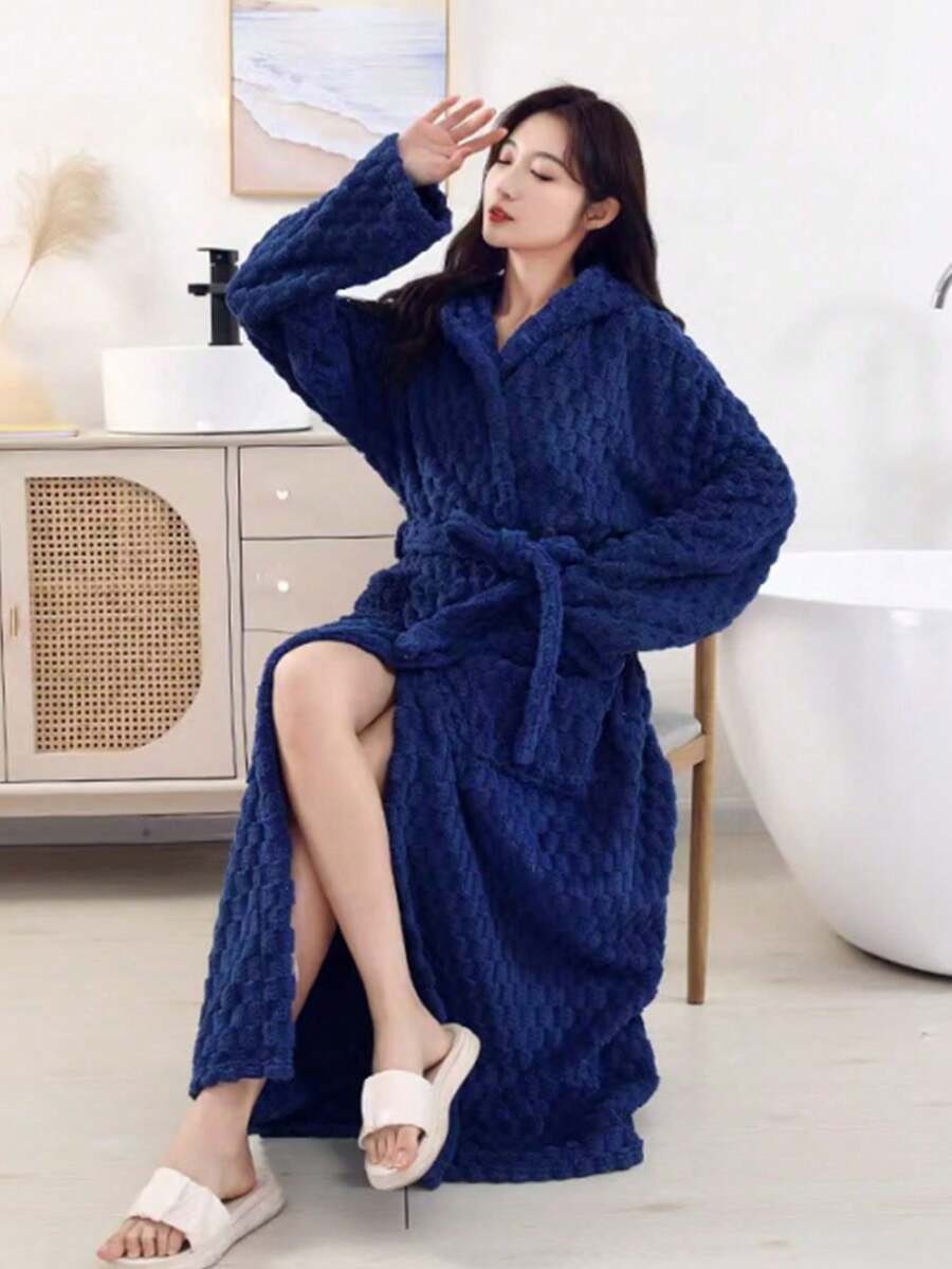 1 件珊瑚绒玳瑁纹理连帽浴袍，长度 130 厘米/51.18 英寸，男女通用，柔软舒适，吸水，适合居家、酒店、沙龙、冬季礼物