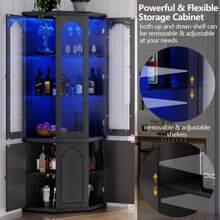 Corner Bar Cabinet W/LED Lights, Tall Modern Wine Cabinet With Tempered Glass Door & Adjustable Shelves, Home Bar Liquor Storage Cabinet With Glass Rack For Living Room, Dining Room (Black)