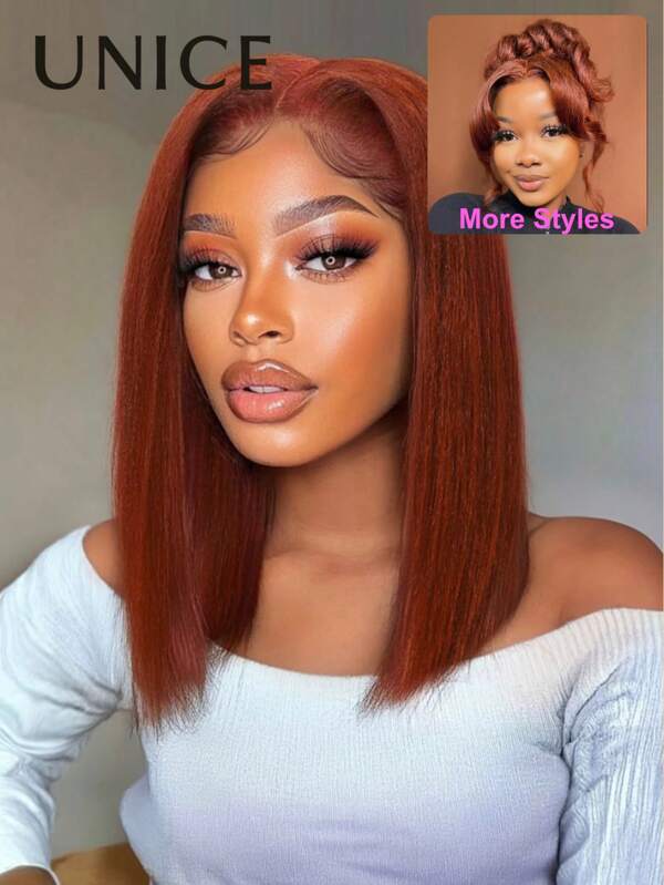 UNice Wigs Bye Bye Knots 7x5 Lace Closure Yaki Bob Wig Warm Rich Reddish Brown Beginner Friendly Pre Plucked Pre Cut 100% Premium Human Hair Glueless Effortless Easy To Wear Pre Bled Invisible Knots Pre Plucked Unice Hair