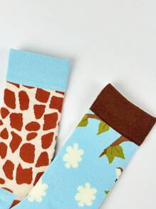 جوارب نسائية متوسطة الطول بتصميم كرتوني ثنائي اللون على طراز AB بتصميم زرافة، أنيقة وجذابة للخريف