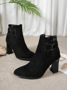 Elegant Faux Suede Pointed Toe High Heel Black Ankle Boots & Ankle Boots, Metal Buckle Decor, Block Heel Short Shaft Boots, Suitable For Formal & Casual Occasions All Year Round - Black - View 4