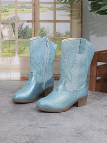1pc Girls' Western Embroidered Fashion Mid-Calf Boots, Pointed Toe Chunky Heel Side Zipper Lightweight Gold Knight Boots, Suitable For Toddler/Little Kid, Party, School, Vacation, Walking, Costume, Easter/Christmas - Blue - View 2