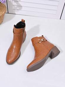 女士时尚舒适尖头/粗跟/拉链踝靴，新款秋冬中跟靴 - 咖啡棕 - 查看 5
