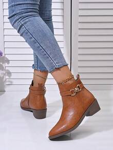 女士时尚舒适尖头/粗跟/拉链踝靴，新款秋冬中跟靴 - 咖啡棕 - 查看 9