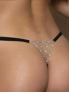1pc Women Rhinestone Studded Mesh Thong Underwear, Versatile Beach Accessory, Jewelry, Y2K, Summer - Silver - View 1