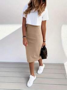 Women's Solid Color Sexy Bodycon Skirt - Khaki - View 4