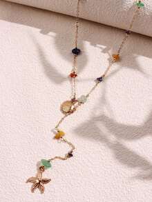 1 件时尚夏季海滩度假时尚小众百搭优雅海星贝壳不对称绿松石吊坠 Y 形项链，适合女士日常装扮和海滩度假装 - 彩色 - 查看 2