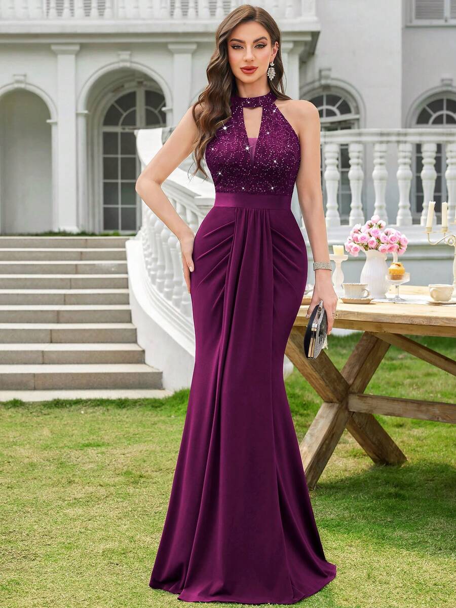 MIUSOL Sequin Floral Lace Halter Neck Draped Formal Party Bodycon Maxi Dress, Elegant Party Dress For Women, Formal Evening Gown, Prom Dress, For Wedding Guest, Graduation, Dinner - Màu Tím - Xem 1