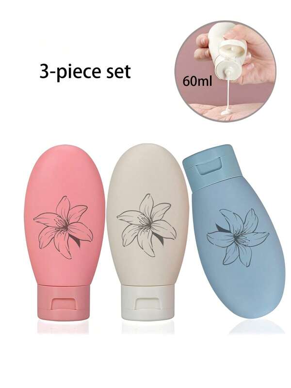 1/3 piezas Botella de cosméticos de loción, botella dispensadora de crema de extrusión suave, botella impresa de desinfectante de manos, botella de reemplazo de gel de baño y champú, adecuada para viajes portátiles de 60ml
