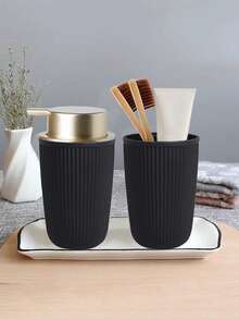 2pcs Bathroom Toiletry Organizer Set, Foaming Soap Dispenser And Rinse Cup Back To School - Black Two Piece Suit - View 7