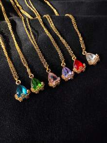 Water Drop Pendant Necklace Zirconia Flower Stainless Steel Chain Gold Choker Women Fashion Elegant Delicate Gift - 中藍色 - 查看 5