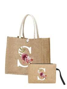 亚麻花卉字母手提袋，个性化礼品袋，适合婚礼、生日、海滩、节日等场合，也是送给女性、母亲、教师、朋友、伴娘、学生以及返校季的理想礼物。 - 卡其色 - 查看 13