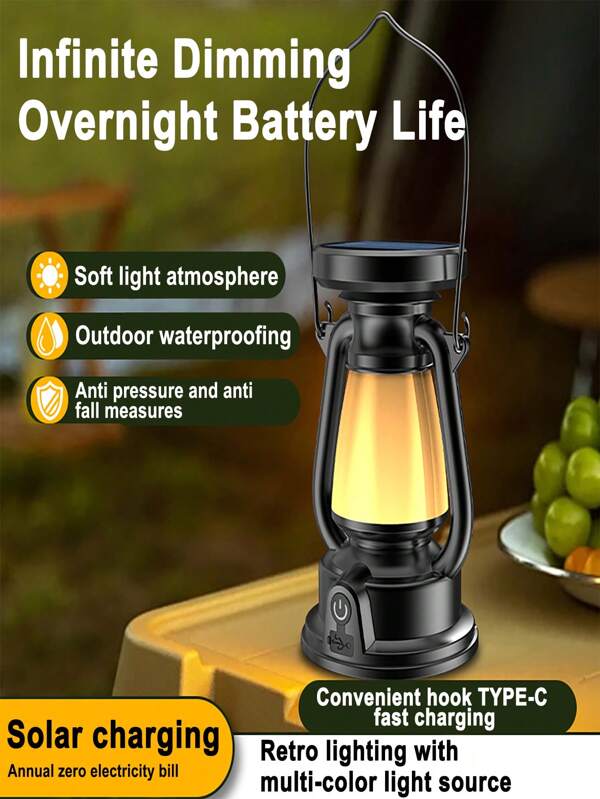 1 pieza 18650-800mAh Lámpara de camping portátil solar/estilo retro recargable por USB con 3 modos de iluminación, 360° reflector de emergencia, lámpara de keroseno retro, lámpara de camping recargable, lámpara decorativa de atmósfera