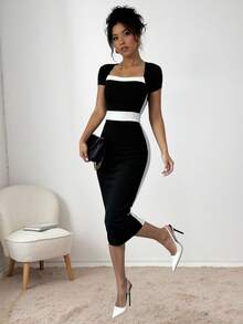 Vestido informal de mujer con escote cuadrado, manga corta, corte entallado y contraste en blanco y negro - Blanco y Negro - Ver 4