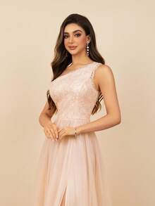 MOEVIO One-Shoulder Lace & Mesh A-Line Split Thigh Backless Long Formal Evening Party Dress, Chic Graduation Dress, Prom Dresses For Women, Wedding Guest Dresses Ladies, Birthday Women Outfits, Fall Modest Dresses For Women - Coral Pink - View 6