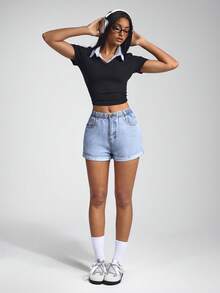 Jeanoix High Waist Slant Pocket Roll Hem Denim Shorts - Light Wash - View 4