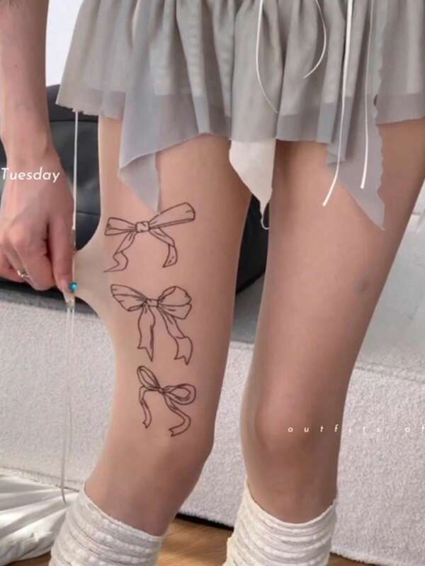 1 pieza Pantimedias transparentes impresas de mujer con detalle de moño, primavera/verano