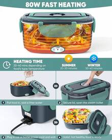 Lonchera Eléctrica - Fiambrera eléctrica de 60 a 80 W para adultos, calentador de alimentos portátil para coche, camión, trabajo, con tenedor y cuchara de acero inoxidable (Gray) - Gris - Ver 4