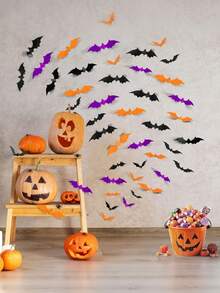 72 件万圣节蝙蝠装饰，4 种不同尺寸逼真 PVC 黑紫和橙色 3D 蝙蝠贴纸，适用于家居装饰 DIY 墙贴，室内、室外万圣节派对用品、DIY、浴室、酒吧、办公室、室内、万圣节派对用品、家居装饰秋季、圣诞节