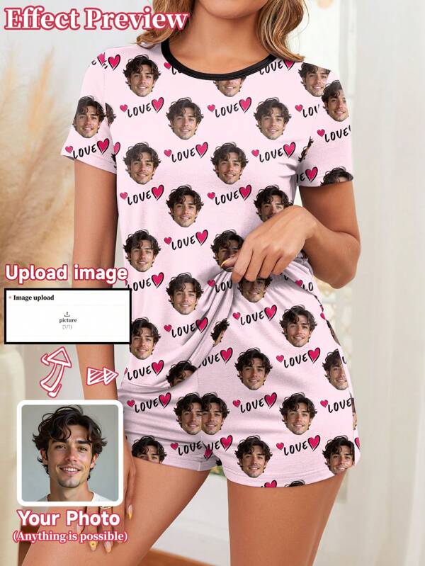 Customized Women's Pink Pajama Set, Featuring Novel & Unique Large Photo Portrait, Couples Face Replacement Design, Festive Atmosphere,Dawg,Colorful,Cute,Adorable,Contracted,Funny,Custom,Unique,Customized,Personalized,Ideal Gifts For Him,Ideal Gifts For Her,Boyfriend,Girlfriend,Family,Friends,Her