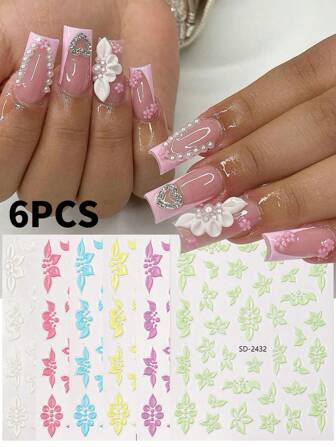 6Pcs/Set 5D Embossed Nail Stickers Pink White Petals Butterfly Acrylic Spring Summer Flower Slider Nail Decoration Nail Art Supplies DIY