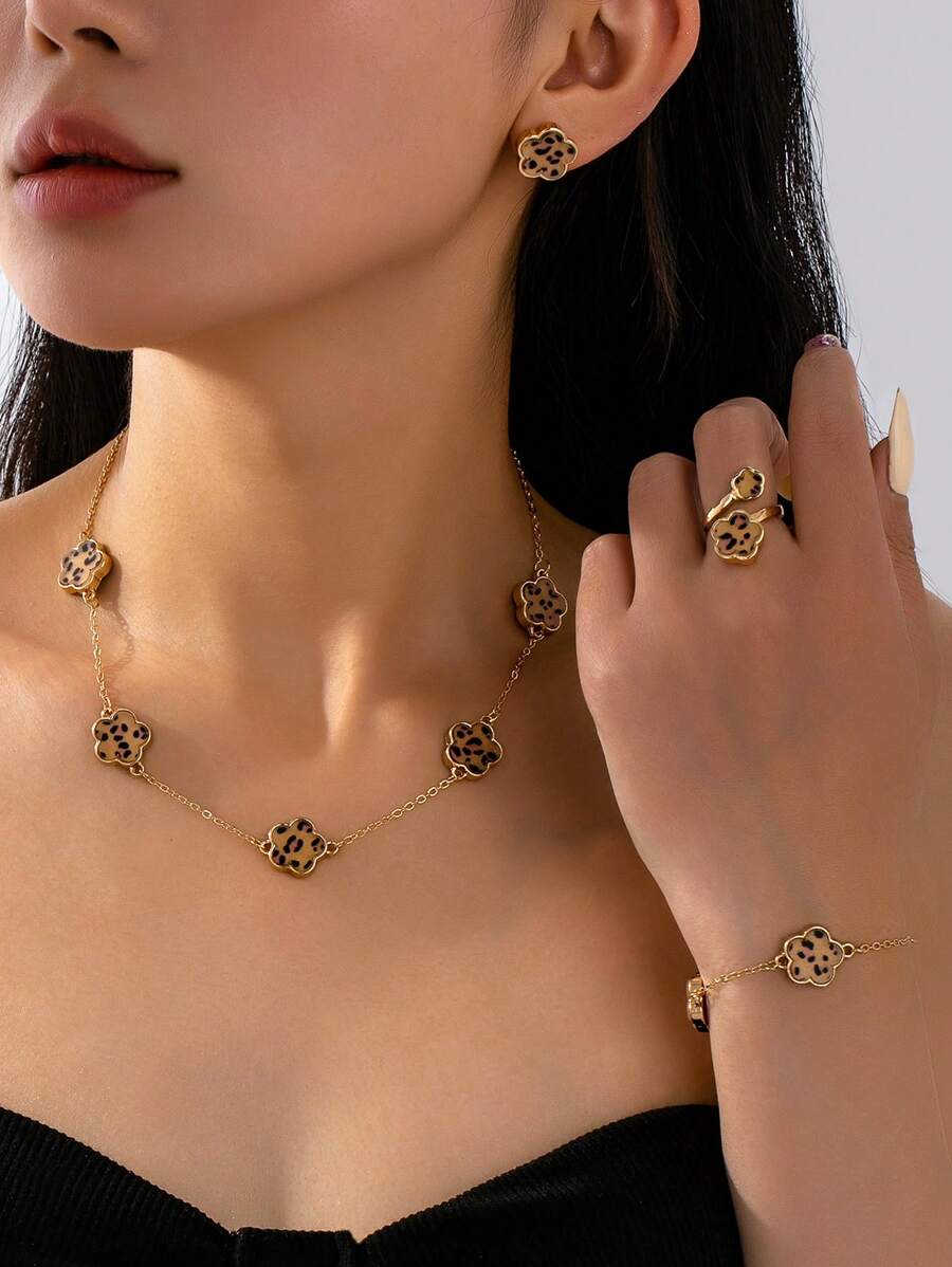 1 Set Fashionable & Elegant Metal 5 Leaf Clover Flower Bracelet, Necklace, Earrings, Ring, Bangle Jewelry Set, Versatile & Chic For Women