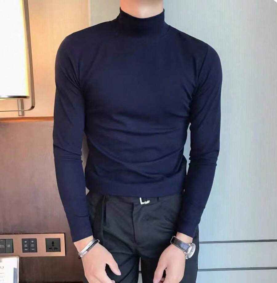 Men's Ribbed Turtleneck Sweater - 藍色 - 查看 1