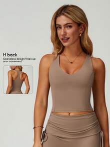 Women's Racerback Quick-Drying Fitness Crop Top Outdoor Running Sports Yoga Top - Brown - View 2