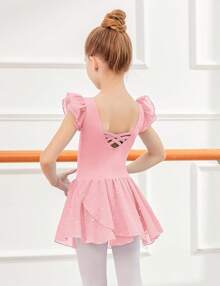 Girls Ruffle Sleeve Ballet Dance Dress Tutu Skirted Leotard
