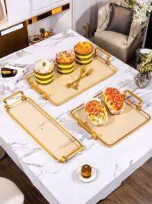 1pc Nordic Style Rectangular Plastic Tray With Golden Handles And Decorative Edges - Multifunctional Home Decor Jewelry Dish, Party Snack Tray - Stylish Design, Minimalist Style, High-Quality Craftsmanship, Jewelry Storage Box