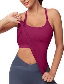 Workout Tops Women With Built In Bra, Sleeveless Gym Tops Seamless Racerback Athletic Yoga Shirts, Activewear - 洋紅紫色 - 查看 1