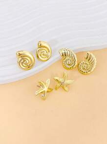 3pcs/Set Starfish & Shell Shaped Stud Earrings Set, Ocean Themed Fashion Beach Jewelry Accessories