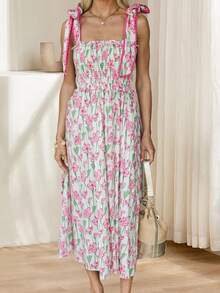 Women Summer Boho Maxi Dress Floral Tie Shoulder Flowy Long Dress Square Neck Ruffle Tiered Beach Sundress - 粉色 - 查看 5