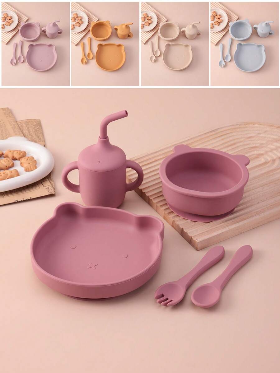 PopLittleOne 5PCS Silicone Baby Tableware Sets Solid Color Utensils Portable Sippy Cup Cartoon Bear Shape Plate Bowl Feeding Sets For Baby