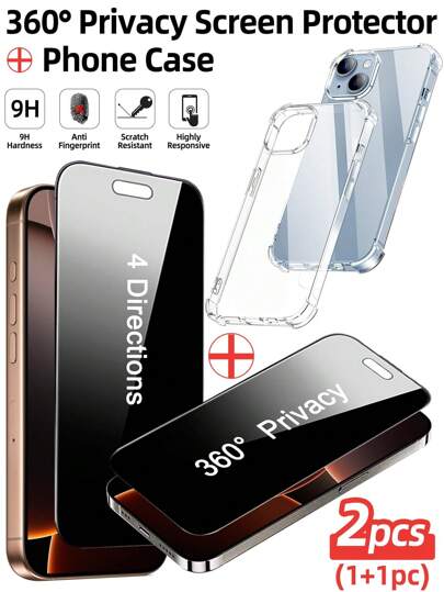 Yezodawee Conjunto de 2 protetores de tela de privacidade 360°, 1 película de vidro de privacidade de cobertura total de 4 vias com 1 capa transparente à prova de choque de quatro cantos, antirreflexo e antiimpressão digital, compatível com iPhone 16 Pro Max/16 Plus/15 Pro Max/séries 14/13/12/11, antiespionagem, protetor de tela de vidro temperado com dureza 9H, fácil instalação e sem bolhas
