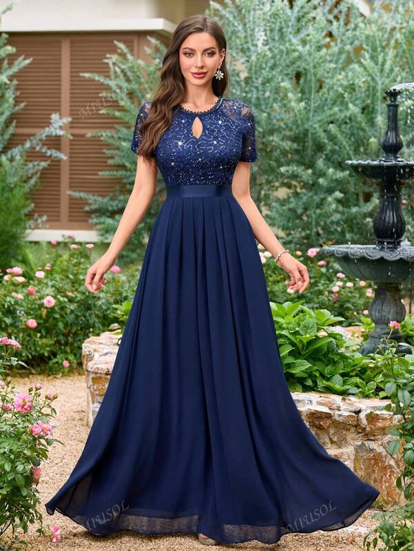 MIUSOL Sequin Floral Lace Keyhole Neckline Scallop Trim Chiffon Pleated Hem Evening Party Long Dress